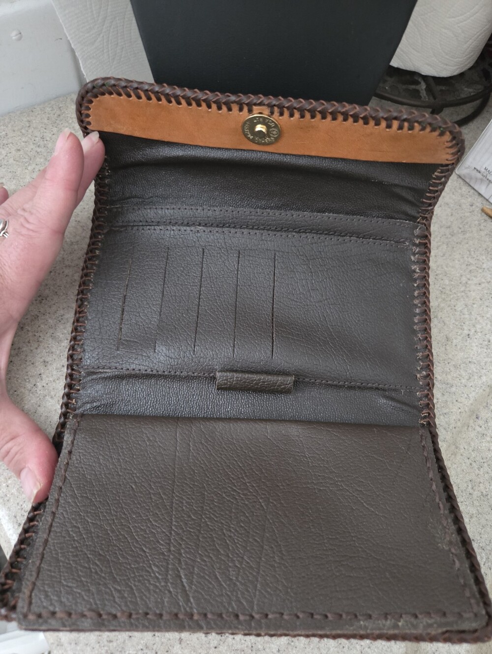 Hand Made Tooled Leather Floral Hand Painted Vintage Whip Stitch Tri-fold Wallet - Picture 3 of 14